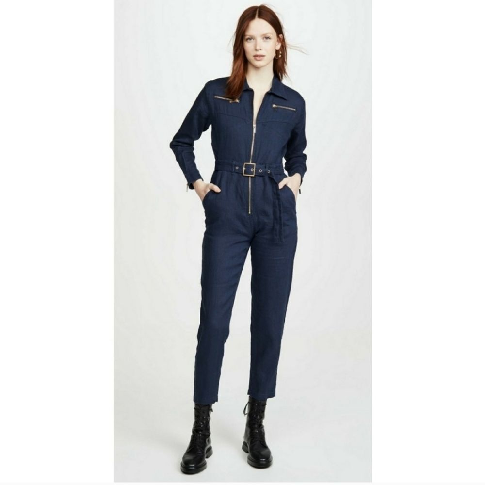 WeWoreWhat Utility‎ Jumpsuit Linen Long Sleeve Gold Zip Collared Blue Size XL
